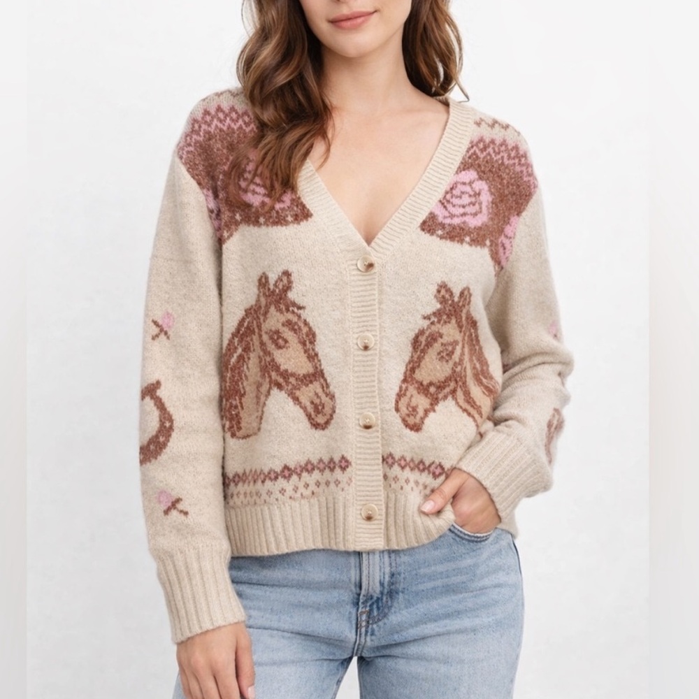 Haute Hippie Beige and Pink Horse Pattern Cardigan